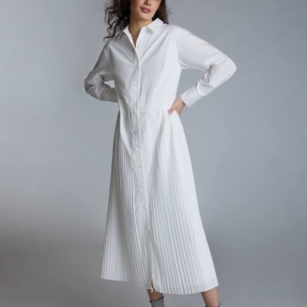 Mare Mare x Anthropologie Elenor White Pleated Midi Shirt Dress  Size M